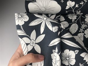 Fastvævet twill med stræk - hvide og simple blomster på grå bund